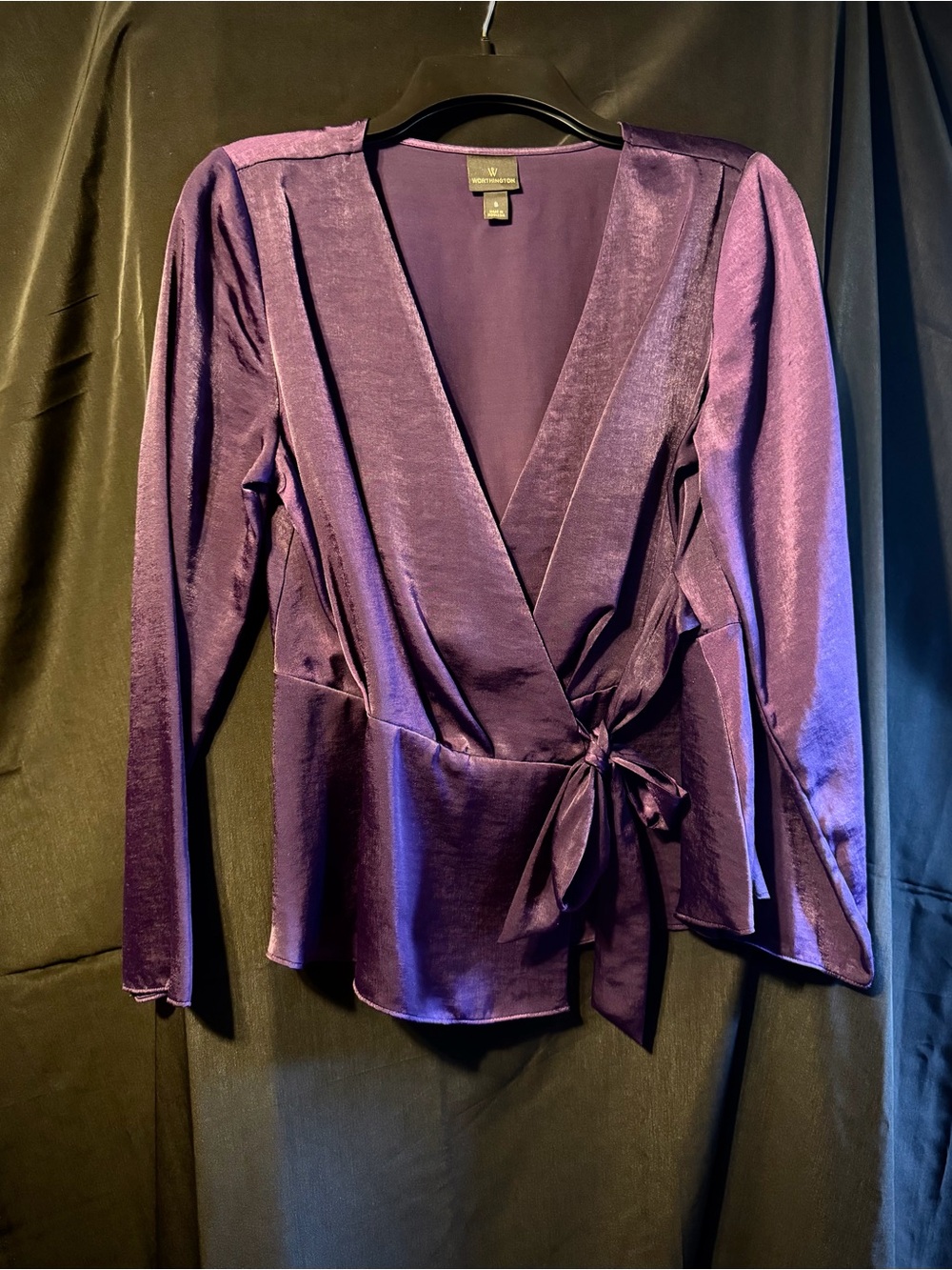 Worthington Deep Purple Satin Wrap Top with Side Tie